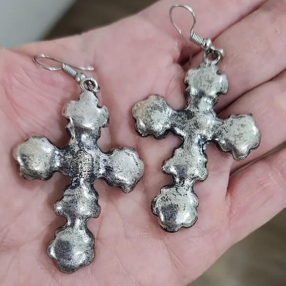 Silver Cross Earrings with Iridescent AB Accents - Picture 2 of 2